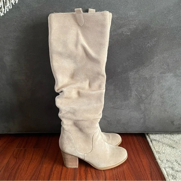 Levity Ursula Beige Suede Leather Scrunch Slouch knee High Block Heel Boots Sz 7 - Picture 1 of 10